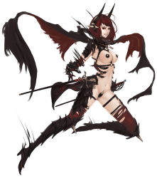 Rule 34 | 1girl, black eyes, boots, cape, demon girl, fantasy, gloves, horns, long legs, mana (remana), navel, open clothes, original, pale skin, pasties, red hair, short hair, simple background, smile, solo, spiked gloves, spikes, sword, thigh boots, thigh strap, thighhighs, torn clothes, weapon