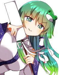 Rule 34 | 1girl, blouse, breasts, closed mouth, commentary request, detached sleeves, frog hair ornament, gohei, green hair, hair between eyes, hair ornament, hair tubes, head tilt, highres, holding, holding stick, kochiya sanae, long hair, looking at viewer, medium breasts, shirt, simple background, sleeveless, sleeveless shirt, smile, snake hair ornament, solo, stick, symbol-shaped pupils, touhou, upper body, white background, white shirt, zerokosan