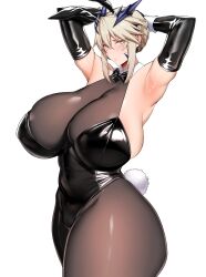 Rule 34 | 1girl, alternate costume, animal ears, arind yudha, armpits, arms up, artoria pendragon (fate), artoria pendragon (lancer alter) (fate), bare shoulders, black bow, black bowtie, black gloves, black leotard, blush, bow, bowtie, breasts, closed mouth, elbow gloves, fake animal ears, fate/grand order, fate (series), gloves, highres, huge breasts, leotard, looking at viewer, medium hair, pantyhose, playboy bunny, rabbit ears, simple background, solo, white background, yellow eyes