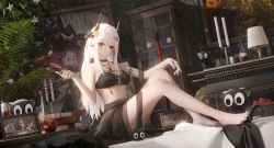 Rule 34 | 1girl, absurdres, apple, arknights, bikini, black bikini, black cat, book, candelabra, candlestand, cat, cup, demon horns, display case, drinking glass, flower, food, fruit, full body, hair flower, hair ornament, highres, horns, indoors, infection monitor (arknights), jewelry, lamp, ling dianxia, looking at viewer, luo xiaohei zhanji, material growth, mudrock (arknights), mudrock (silent night) (arknights), necklace, official alternate costume, oripathy lesion (arknights), parted lips, picture frame, plant, potted plant, red eyes, red flower, revision, scenery, sitting, solo, stomach, swimsuit, white hair, wine glass, yellow flower