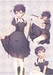 Rule 34 | 1boy, ?, belt, black dress, black hair, blue eyes, blush, broom, clothes lift, covered mouth, cracked skin, cropped legs, curious, dagger, dated, dress, dress lift, embarrassed, facial scar, feet out of frame, frilled dress, frills, garter straps, grabbing another&#039;s chin, hand on another&#039;s chin, hand up, highres, holding, holding broom, holding dagger, holding knife, holding weapon, kiyonagi, knife, kusanagi (kiyonagi), lifting another&#039;s clothes, long sleeves, looking at another, looking at viewer, looking away, looking down, looking to the side, male focus, multiple views, open mouth, original, out of frame, puffy short sleeves, puffy sleeves, pushing away, reverse grip, ribbon, scar, scar on cheek, scar on face, short hair, short sleeves, slashing, soap bubbles, squiggle, standing, thighhighs, trap, weapon, white legwear