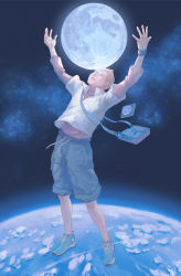 Rule 34 | 1boy, 7 (urayosi), arms up, cd, earth (planet), closed eyes, full body, highres, light brown hair, male focus, moon, nanba hibito, shoes, shorts, sneakers, solo, space, tape recorder, uchuu kyoudai