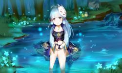 Rule 34 | 1girl, aqua eyes, armor, armored dress, ayaka (genshin impact), blunt bangs, breastplate, choker, collarbone, commentary request, fireflies, forest, fox mask, genshin impact, hair ornament, hair ribbon, hair tubes, in water, japanese clothes, long hair, looking at viewer, mask, mask on head, nature, own hands clasped, own hands together, ponytail, ribbon, river, short sleeves, sidelocks, silver hair, sitting, smile, solo, tress ribbon, yosola pl