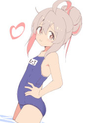 Rule 34 | 1girl, ahoge, ass, blue one-piece swimsuit, blush, breasts, brown eyes, brown hair, covered navel, from side, hair bun, hand on own hip, heart, highres, long hair, looking at viewer, name tag, noa (nagareboshi), old school swimsuit, one-piece swimsuit, onii-chan wa oshimai!, oyama mahiro, school swimsuit, small breasts, smile, solo, swimsuit, thighs, wading, water