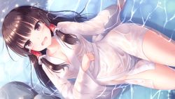 Rule 34 | 1girl, black eyes, black hair, breasts, cleavage, collarbone, commentary request, hair tubes, hakurei reimu, highres, long hair, long sleeves, lzh, medium breasts, open mouth, robe, see-through, solo, touhou, water, wet, wet clothes, white robe, wide sleeves