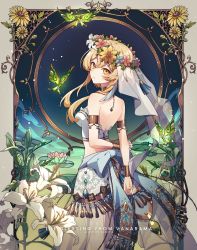 Rule 34 | 1girl, alternate costume, armlet, arms behind back, bare back, blonde hair, bracelet, bug, butterfly, crystalfly (genshin impact), flower, genshin impact, gold choker, gold trim, harem outfit, head wreath, hen-tie, highres, insect, jewelry, looking at viewer, looking back, lumine (genshin impact), midriff, ribbon, strapless, veil, yellow eyes