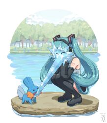Rule 34 | 1girl, aqua hair, aqua nails, artist name, boots, bush, closed eyes, commentary, creatures (company), crossover, dated, detached sleeves, digiral, game freak, gen 3 pokemon, hatsune miku, headphones, highres, long hair, mudkip, nintendo, pokemon, pokemon (creature), signature, spraying, squatting, symbol-only commentary, thigh boots, tree, twintails, vocaloid, water