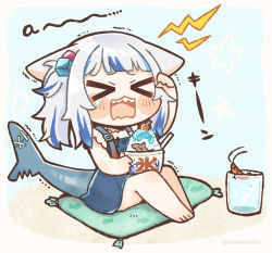 Rule 34 | &gt; &lt;, 1girl, a (phrase), animal ears, barefoot, blue hair, blunt bangs, blush stickers, brain freeze, cat ears, chibi, commentary, cube hair ornament, cup, drinking glass, ears down, fins, fish tail, food, full body, gawr gura, gawr gura (casual), hair ornament, highres, hololive, hololive english, multicolored hair, open mouth, pillow, rectangular mouth, same anko, shark tail, sharp teeth, shaved ice, shrimp, sitting, solo, streaked hair, suspenders, symbol-only commentary, tail, teeth, trembling, two-tone hair, virtual youtuber, white hair