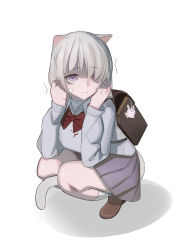Rule 34 | 1girl, absurdres, animal ears, backpack, bag, bandaid, bandaid on cheek, bandaid on face, between legs, blood, bow, bowtie, brown footwear, cat ears, cat tail, closed mouth, ears down, grey hair, grey sweater, highres, long sleeves, looking at viewer, medium hair, milim nova, miniskirt, original, pleated skirt, purple skirt, red bow, red bowtie, shoes, simple background, skirt, solo, squatting, sweater, tail, tail between legs, trembling, white background