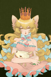 Rule 34 | 1girl, animal ears, bad id, bad tumblr id, between breasts, blonde hair, blush, breasts, cleavage, crown, dress, hug, large breasts, livly, livly island, long hair, maruco, off shoulder, original, personification, pink dress, ribbon, solo, striped ribbon, unaligned breasts, very long hair, wind, wind lift, yellow eyes
