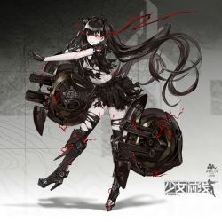 Rule 34 | 1girl, armor, armored boots, black footwear, black gloves, black hair, black serafuku, black shirt, black skirt, black thighhighs, boots, breasts, cleavage, flaming eyes, floating hair, full body, girls&#039; frontline, gloves, high heel boots, high heels, highres, infukun, knee boots, long hair, medium breasts, midriff, miniskirt, navel, outstretched arm, platform boots, platform footwear, pleated skirt, red eyes, school uniform, serafuku, shirt, short sleeves, skirt, smile, solo, standing, stomach, thighhighs, torn clothes, torn shirt, torn skirt, torn thighhighs, twintails, underboob, very long hair