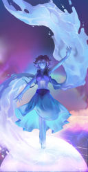 Rule 34 | 1girl, absurdres, arm up, back bow, barefoot, blue hair, blue skin, bow, colored skin, closed eyes, feet, full body, highres, hydrokinesis, lapis lazuli (steven universe), liquid wings, long skirt, navel, old-night, ribbon, short hair, skirt, solo, steven universe, stomach, toes, toned, water, wings