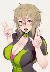 Rule 34 | 1girl, blush, breasts, brown eyes, brown hair, c.c. (unlight), cleavage, double v, glasses, kurowa, large breasts, looking at viewer, nail polish, open mouth, short hair, solo, tongue, tongue out, unlight, v, white background