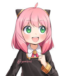 Rule 34 | 1girl, :d, absurdres, anya (spy x family), black dress, child, dress, green eyes, highres, horns, open mouth, pink hair, school uniform, short hair, signature, simple background, smile, spy x family, standing, white background, yunre (yunreart)