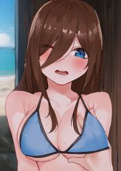 Rule 34 | 1girl, amog, armpit crease, bare shoulders, beach, bikini, blue bikini, blue eyes, blush, grabbing another&#039;s breast, breasts, brown hair, cleavage, collarbone, commentary, day, furrowed brow, go-toubun no hanayome, grabbing, hair over one eye, hand under clothes, hand under swimsuit, head tilt, highres, large breasts, long hair, looking at viewer, nakano miku, ocean, one eye closed, open mouth, outdoors, round teeth, sidelocks, solo focus, swimsuit, teeth, underboob, upper teeth only, wet