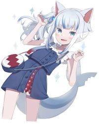 Rule 34 | 1girl, animal ears, bad id, bad twitter id, blue dress, blue eyes, blue hair, cat ears, commentary request, dress, fang, fins, fish tail, gawr gura, gawr gura (casual), grey hair, hands up, highres, hololive, hololive english, looking at viewer, multicolored hair, official alternate costume, open mouth, revision, shark tail, shirt, side ponytail, simple background, sleeveless, sleeveless dress, sleeveless shirt, solo, sparkle, streaked hair, tail, totatokeke, virtual youtuber, white background, white shirt