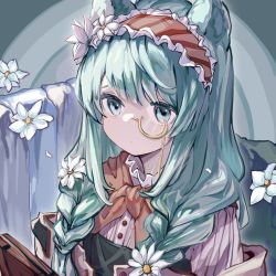 Rule 34 | 1girl, anehana, animal ears, arknights, artist request, bear ears, black dress, blue eyes, blue hair, book, bow, bowtie, braid, brown bow, brown bowtie, commentary, dress, flower, food, hair flower, hair ornament, hairband, highres, istina (arknights), istina (bibliosmia) (arknights), light blue hair, long hair, long sleeves, looking at viewer, monocle, off shoulder, official alternate costume, pancake, petticoat, pinafore dress, plant, potted plant, red hairband, shirt, sitting, sleeveless dress, solo, table, twin braids, upper body, white flower, white shirt