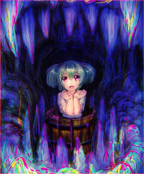 Rule 34 | 1girl, bucket, cave, colorful, dark, green hair, hair bobbles, hair ornament, hands up, japanese clothes, kimono, kisume, kitayuki kajika, looking at viewer, open mouth, red eyes, short sleeves, solo, touhou, two side up, when you see it