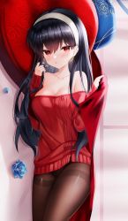 Rule 34 | 1girl, black hair, blush, breasts, cleavage, flower, hairband, highres, jewelry, large breasts, long hair, looking at viewer, off-shoulder sweater, off shoulder, pantyhose, red eyes, shouu-kun, sidelocks, solo, spy x family, sweater, yor briar