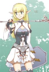Rule 34 | 1girl, armor, bare shoulders, belt, brooch, collar, cowboy shot, dress, elf, elf (lineage 2), green eyes, holding, holding sword, holding weapon, jewelry, lineage, lineage 2, long sleeves, looking to the side, nanjou (pixiv), nanjou haruno, pointy ears, shield, smile, solo, standing, sword, weapon, white dress