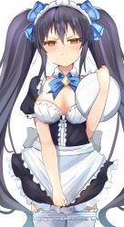 Rule 34 | 1girl, absurdres, annoyed, apron, bimmy, black hair, breasts, cleavage, collar, disappointed, dress, facing viewer, finger, frown, hairband, highres, leggings, long hair, looking at viewer, maid, medium breasts, neptune (series), noire (neptunia), plate, red eyes, ribbon, skirt, solo, thighhighs, thighs, tsundere, twintails, uniform