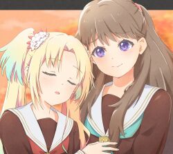Rule 34 | 2girls, aqua neckerchief, blonde hair, blue hair, brown dress, brown hair, closed eyes, closed mouth, commentary, dress, flower, fujishima megumi, gradient hair, hair flower, hair ornament, hand on another&#039;s chest, hasu no sora school uniform, highres, highwooods, leaning on person, leaning to the side, letterboxed, light blue hair, light blush, link! like! love live!, long hair, long sleeves, looking at another, love live!, mira-cra park!, multicolored hair, multiple girls, neckerchief, open mouth, orange sky, osawa rurino, outside border, parted bangs, pink flower, purple eyes, red neckerchief, sailor collar, school uniform, sky, twintails, two side up, u u, virtual youtuber, white flower, white sailor collar, winter uniform