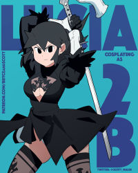 Rule 34 | 1girl, arms up, black dress, black eyes, black hair, breasts, character name, cleavage, cleavage cutout, clothing cutout, cosplay, cowboy shot, dress, feather-trimmed sleeves, highres, holding, holding sword, holding weapon, katana, long sleeves, looking at viewer, lucia (scott malin), medium breasts, medium hair, nier (series), nier:automata, original, scott malin, skindentation, solo, sword, thighhighs, twitter username, weapon, 2b (nier:automata) (cosplay)