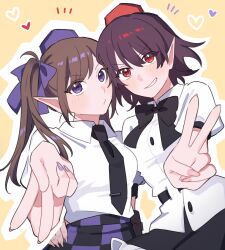 Rule 34 | 2girls, belt, black belt, black bow, black bowtie, black hair, black necktie, black skirt, bow, bowtie, breasts, brown hair, buttons, checkered clothes, checkered skirt, collared shirt, fingernails, frilled skirt, frills, grin, hair bow, hand on another&#039;s hip, hat, heart, highres, himekaidou hatate, long hair, multiple girls, nail polish, necktie, o3o, pink nails, pointy ears, ponytail, puffy short sleeves, puffy sleeves, purple bow, purple eyes, purple headwear, purple nails, purple skirt, red eyes, red headwear, sakic43899, shameimaru aya, shirt, short hair, short sleeves, simple background, skirt, small breasts, smile, tokin hat, touhou, v, v-shaped eyebrows, white shirt, yellow background