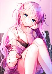 Rule 34 | 1girl, absurdres, ahoge, bare shoulders, blush, breasts, candy, chocolate, chocolate heart, cleavage, closed mouth, collarbone, commentary request, feet out of frame, food, hair between eyes, hair ornament, hair ribbon, head tilt, heart, heart hair ornament, highres, holding, holding food, jewelry, knees up, long hair, long sleeves, looking at viewer, medium breasts, off shoulder, original, pendant, pink hair, pink sweater, pk (mukasihasakana), purple ribbon, ribbon, sitting, sleeves past wrists, smile, solo, sweater, twitter username, two side up, valentine, very long hair