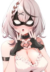 Rule 34 | 1girl, arm strap, bad id, bad twitter id, bare shoulders, black collar, black gloves, blush, braid, breasts, camisole, cleavage, collar, commentary, eye mask, fingerless gloves, frills, gloves, grey hair, hair ornament, hands up, heart, heart hands, heart pendant, highres, hololive, large breasts, looking at viewer, mask, medium hair, multicolored hair, namagome negi, open mouth, raised eyebrows, sakamata chloe, saliva, simple background, solo, streaked hair, sweat, symbol-only commentary, upper body, virtual youtuber, white background, white camisole, x hair ornament