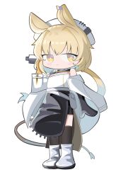Rule 34 | 1girl, absurdres, animal ears, arknights, asymmetrical gloves, bare shoulders, beret, black gloves, black skirt, black thighhighs, blonde hair, blush stickers, boots, closed mouth, dorothy (arknights), elbow gloves, full body, gloves, hat, highres, long hair, looking at viewer, mismatched gloves, shirt, simple background, skirt, solo, spam (spamham4506), standing, thighhighs, thighhighs under boots, very long hair, white background, white footwear, white hat, white shirt, yellow eyes, yellow gloves
