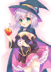 Rule 34 | 1girl, :d, alice wishheart, apple, black hat, cape, cowboy shot, detached sleeves, earrings, food, frilled skirt, frills, fruit, green eyes, hat, hinata momo, holding, holding food, holding fruit, jewelry, light purple hair, looking at viewer, magical halloween, open mouth, pink skirt, red apple, shion tokino, short hair, skirt, smile, solo, standing, thighhighs, white thighhighs, witch hat