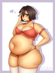 Rule 34 | 1girl, big belly, black hair, breasts, cleavage, fat, green eyes, highres, large breasts, mikasa ackerman, parted lips, plump, shingeki no kyojin, short hair, solo, stomach, tagme, thighhighs