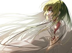 Rule 34 | 1other, androgynous, blood, blood on face, clutching chest, crying, enkidu (fate), fate/grand order, fate (series), green eyes, green hair, kingu (fate), long hair, maka (mksrw), other focus, profile, solo, surprised, tears, wide-eyed