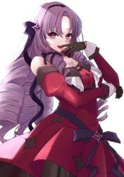 Rule 34 | 1girl, bare shoulders, black gloves, breasts, chest tattoo, claw ring, detached sleeves, dress, drill hair, gloves, hair ribbon, hairband, highres, hyakumantenbara salome, hyakumantenbara salome (1st costume), large breasts, light purple hair, long hair, long sleeves, looking at viewer, nijisanji, off-shoulder dress, off shoulder, ojou-sama pose, open mouth, parted bangs, purple eyes, purple hairband, purple ribbon, red dress, red sleeves, ribbon, scorpion tattoo, smile, tattoo, usk (yu sk usk39), virtual youtuber