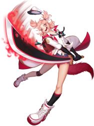 Rule 34 | 1girl, anklet, bag, bow, bowtie, catherine (gyee), collared jacket, collared shirt, elbow gloves, fang, gloves, gyee, hat, heterochromia, highres, jacket, jewelry, machete, official art, open clothes, open jacket, open mouth, pink hair, red eyes, shirt, shoes, short hair, shorts, skirt, smile, socks, solo, tail, transparent background, white shirt, yellow eyes