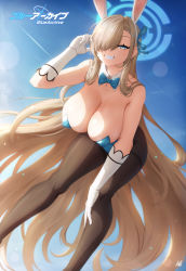 Rule 34 | 1girl, absurdly long hair, absurdres, animal ears, aqua bow, aqua leotard, ass, asuna (blue archive), asuna (bunny) (blue archive), bare shoulders, blue archive, blue background, blue eyes, blurry, bokeh, bow, bowtie, breasts, brown pantyhose, cleavage, clenched teeth, collarbone, commentary, copyright name, depth of field, detached collar, english commentary, fake animal ears, feet out of frame, forehead, gloves, hair over one eye, hair ribbon, halo, hand on own thigh, hand up, highres, kellzallday, large breasts, leaning forward, legs apart, leotard, long hair, mole, mole on breast, official alternate costume, open mouth, outdoors, pantyhose, playboy bunny, ribbon, sagging breasts, shadow, signature, simple background, smile, solo, strapless, strapless leotard, sunlight, teeth, thighs, traditional bowtie, very long hair, white gloves