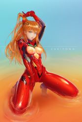 Rule 34 | 1girl, arms up, artist request, blue eyes, bodysuit, covered erect nipples, full body, hair ornament, long hair, looking at viewer, multicolored bodysuit, multicolored clothes, neon genesis evangelion, orange bodysuit, orange hair, pilot suit, plugsuit, rebuild of evangelion, red bodysuit, shiny clothes, skin tight, souryuu asuka langley, twintails, wet, wide hips, zakipong (zb)