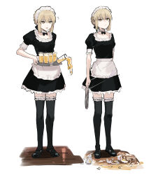Rule 34 | 1girl, 2koma, apron, artoria pendragon (all), artoria pendragon (fate), black bow, black bowtie, black dress, black footwear, black ribbon, black thighhighs, blonde hair, bow, bowtie, breasts, broken glass, brown eyes, closed mouth, collar, collarbone, comic, detached collar, dress, eyelashes, fate/hollow ataraxia, fate (series), frilled apron, frilled collar, frilled dress, frilled hairband, frills, full body, glass, glass shards, hair ribbon, hairband, highres, holding, looking at viewer, maid, maid apron, maid headdress, medium hair, multiple views, puffy short sleeves, puffy sleeves, ribbon, rizu033, saber alter, short dress, short sleeves, sidelocks, simple background, small breasts, spilling, standing, thighhighs, white background, white hairband, wooden floor