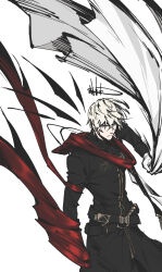 Rule 34 | 1boy, arknights, arm scarf, bandolier, belt, black belt, black coat, black halo, black wings, blonde hair, buckle, cable, clenched hand, cloak, closed mouth, coat, cowboy shot, crossed bangs, crossed belts, detached wings, doctahmem, earpiece, executor (arknights), executor the ex foedere (arknights), from side, gloves, hair between eyes, halo, hand up, high collar, highres, holding, holding cloak, long bangs, long sleeves, looking at viewer, looking to the side, male focus, mechanical halo, messy hair, multiple belts, official alternate costume, pale color, red cloak, serious, short hair, shotgun shell, simple background, snap-fit buckle, solo, standing, torn cloak, torn clothes, turtleneck, v-shaped eyebrows, white background, white cloak, white gloves, wings