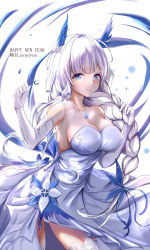 Rule 34 | 1girl, absurdres, artist name, azur lane, blue eyes, blue gemstone, braid, braided ponytail, breasts, cleavage, cowboy shot, dress, elbow gloves, english text, feather hair ornament, flower, garter straps, gem, gloves, hair flower, hair ornament, hand up, happy new year, highres, illustrious (azur lane), illustrious (illustrious ball) (azur lane), jewelry, kulayueyue, large breasts, long hair, looking at viewer, mole, mole under eye, necklace, new year, panties, pantyshot, silver dress, simple background, smile, solo, standing, tagme, thighhighs, underwear, white background, white gloves, white hair, white thighhighs