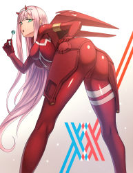 Rule 34 | 10s, 1girl, ass, bodysuit, breasts, cameltoe, candy, darling in the franxx, food, formal, green eyes, gwtm2288, highres, horns, leaning forward, long hair, looking at viewer, looking back, medium breasts, pink hair, red suit, skin tight, solo, standing, suit, zero two (darling in the franxx)