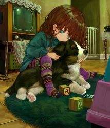 Rule 34 | 1girl, absurdres, alphabet blocks, animal, blue shirt, brown hair, child, closed eyes, closed mouth, dog, eyebrows hidden by hair, freckles, green eyes, highres, indoors, long hair, long sleeves, no shoes, original, pantyhose, phone, rug, safety gate, sero3eta, shirt, solo, table, television, toy block, wooden floor