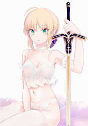 Rule 34 | 1girl, ahoge, artoria pendragon (all), artoria pendragon (fate), bare shoulders, between legs, blonde hair, blue ribbon, breasts, cleavage, collarbone, commentary request, elbow gloves, excalibur (fate/stay night), fate/stay night, fate (series), gloves, green eyes, hair ribbon, highres, holding, holding sword, holding weapon, lingerie, looking at viewer, medium breasts, navel, panties, ribbon, saber (fate), short hair, simple background, sitting, solo, suzuakks, sword, thighhighs, underwear, weapon