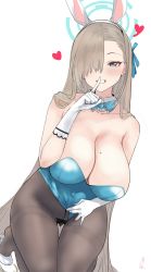 Rule 34 | 1girl, animal ears, aqua bow, aqua bowtie, aqua leotard, asuna (blue archive), asuna (bunny) (blue archive), berserkert, blue archive, blush, bow, bowtie, breasts, brown hair, censored, commentary, detached collar, fake animal ears, finger to mouth, gloves, hair over one eye, hair ribbon, halo, heart, highres, index finger raised, kneeling, large breasts, leotard, leotard pull, long hair, mole, mole on breast, no panties, pantyhose, playboy bunny, rabbit ears, ribbon, simple background, solo, symbol-only commentary, thighband pantyhose, very long hair, white background, white footwear, white gloves