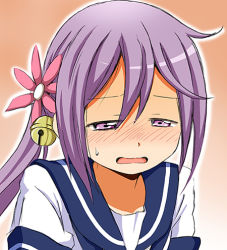 Rule 34 | 10s, 1girl, akebono (kancolle), bell, blush, flower, gradient background, hair bell, hair flower, hair ornament, jingle bell, kantai collection, long hair, lowres, open mouth, purple eyes, purple hair, school uniform, shino (ponjiyuusu), side ponytail, solo