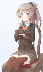 Rule 34 | 10s, 1girl, absurdres, ascot, blazer, blue eyes, breasts, brown jacket, brown skirt, brown thighhighs, buttons, chair, closed mouth, collared shirt, cup, frilled skirt, frills, hair ornament, highres, holding, holding cup, ildy, jacket, kantai collection, kumano (kancolle), legs together, light brown hair, long hair, long sleeves, looking at viewer, medium breasts, pleated skirt, ponytail, saucer, shiny skin, shirt, skirt, smile, solo, tareme, teacup, thighhighs, white shirt, wing collar, zettai ryouiki