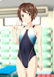 1girl absurdres bad_id bad_pixiv_id black_one-piece_swimsuit blurry brown_eyes brown_hair competition_swimsuit covered_navel cowboy_shot depth_of_field flat_chest grin highres locker locker_room looking_at_viewer one-piece_swimsuit original short_hair smile solo swimsuit takafumi thigh_gap v