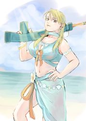 Rule 34 | 1girl, beach, bikini, bikini skirt, blonde hair, bracelet, breasts, brown eyes, cleavage, closed mouth, commentary request, earrings, flower, fullmetal alchemist, hair flower, hair ornament, hand on own hip, highres, holding, jewelry, long hair, looking at viewer, navel, official alternate costume, outdoors, poyo (anchbi i), riza hawkeye, smile, solo, standing, swimsuit, water gun