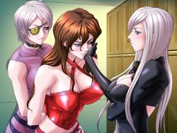Rule 34 | 3girls, angry, arms behind back, beauty hair, blue eyes, blush, breast hold, breasts, brown eyes, brown hair, bustier, chemise, cleavage, collar, covered erect nipples, elbow gloves, eyepatch, feathers, femdom, game cg, garter belt, gloves, grabbing another&#039;s chin, gyakujoku hiai, hair ornament, hand on another&#039;s chin, jpeg artifacts, large breasts, leather, lingerie, lipstick, long hair, makeup, mao joou, minako joou, mole, mole under mouth, multiple girls, naughty face, profile, restrained, see-through, shiny clothes, short hair, sideboob, silver hair, smile, sweat, underwear, yuka joou, yuri